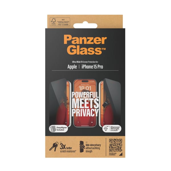 PanzerGlass™ | Ultra-Wide Fit - Skjermbeskyttelse for mobiltelefon - Privacy Edition | Apple iPhone 15 Pro