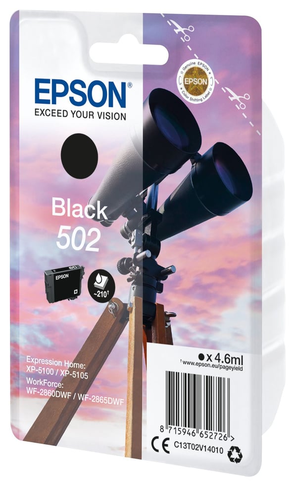 Epson Singlepack Black 502 Ink, Perusvärintuotto, Musta, Väriainepohjainen muste, 4,6 ml, 1 kpl, 210 sivua