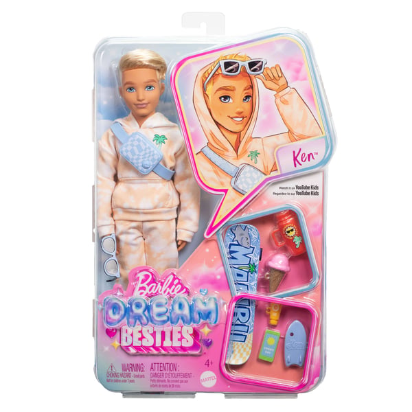 Barbie Dream Besties Ken -nukke, 9 kesä- ja skeittausaiheista tarviketta, Muotinukke, Mies, 4 vuosi/vuosia, Tyttö, 268 mm, 170 g
