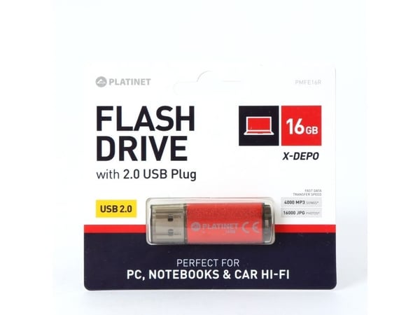 Platinet PMFE16R, 16 GB, USB Type-A, 2.0, 22 MB/s, Med lokk, Rød