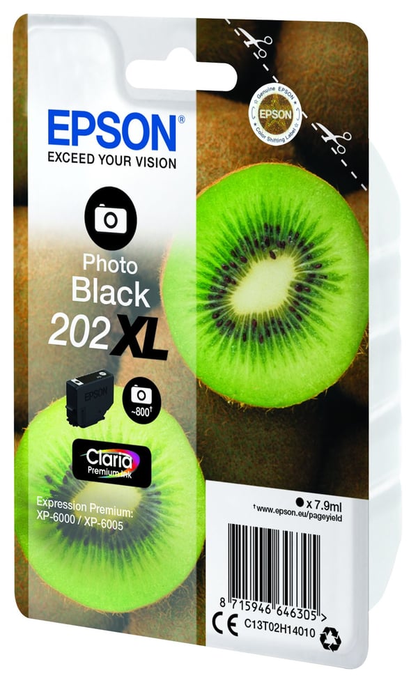 Epson Kiwi Singlepack Photo Black 202XL Claria Premium Ink, High (L) Yield, Musta, Väripohjainen muste, 7,9 ml, 1 kpl, 800 sivua