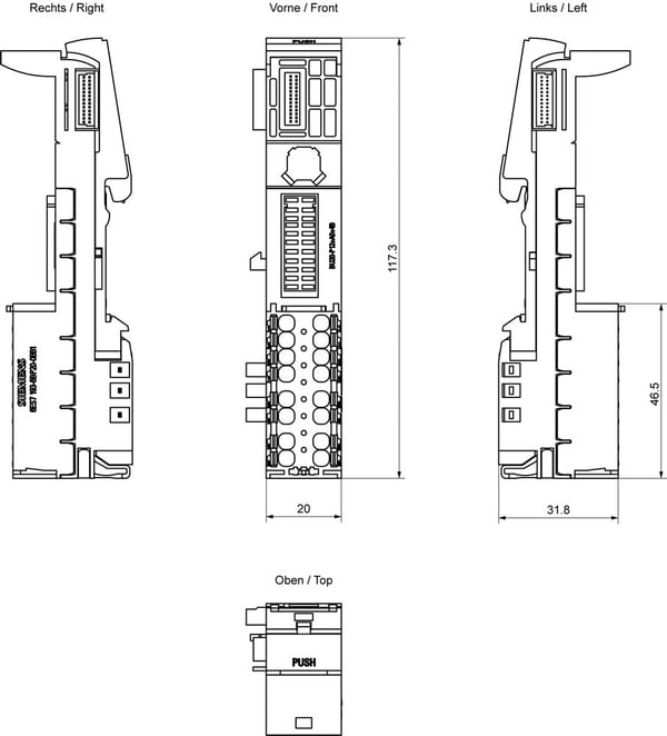 Siemens 6ES7193-6BP20-2BB1 liitäntämoduuli, 0, 24 V, 117 mm, 53 g, 339 mm, 126 mm, 45 mm