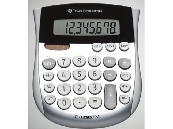 Texas Instruments TI-1795 SV 8-sifret kalkulator - solcellepanel, batteri, bordmodell