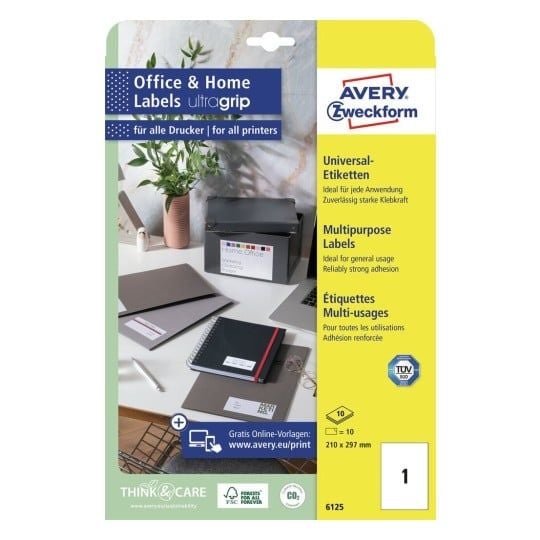 Universaletiketter Avery 210x297 mm hvid, med Ultragrip, til alle printertyper - (10 ark)