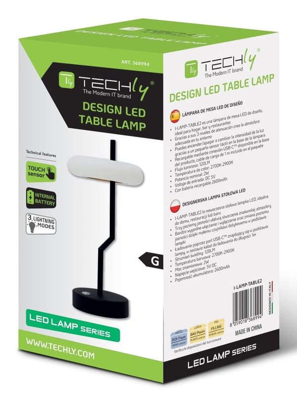 Techly I-LAMP-TABLE2, Svart, Hvit, Akrylonitril-butadien-styren (ABS), Strykejern, Soverom, Café au lait, Spise rom, Hotell, Stue, Restaurant, Desi...