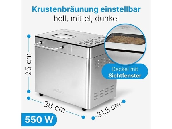 ProfiCook PC-BBA 1282, 1,5 kg, Fördröjd start timer, Tittfönster, Timer, Kontroll av färg på skorpan, Hålla sig varm funktion
