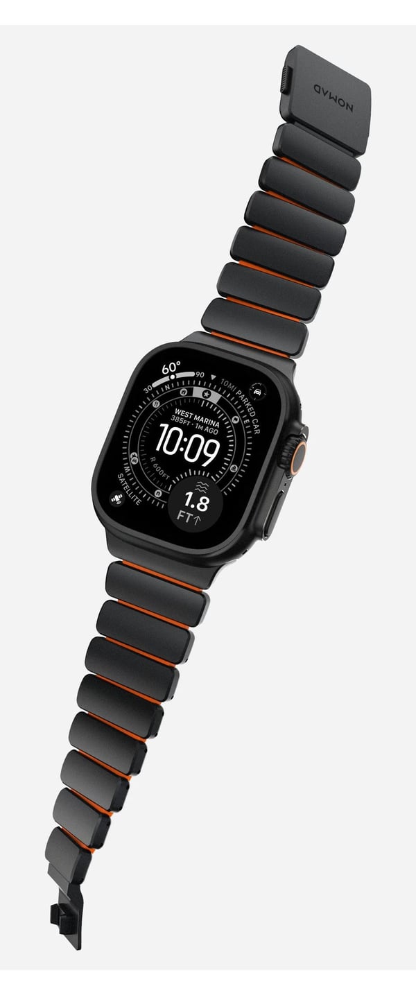 Nomad Stratos Apple Watch -ranneke, 49 mm, titaani/FKM, musta/oranssi
