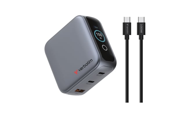 Verbatim - Strømadapter - mini, GaN, med skjerm - 100 watt - Power Delivery 3.0 + PPS, QC 3.0 - 3 utgangskontakter (2 x USB-C, USB-type A)