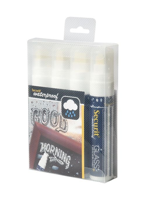 Securit Waterproof Glass + Chalkboard Markers, Large Nib, Wallet 4-Pack, White (SMA820-V4-WT), Hvit, Blokk, Luktfri, 4 stykker