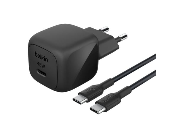 Belkin BoostCharge - Strømadapter - kompakt - 45 watt - Power Delivery 3.1, Fast Charge (USB-C) - på kabel: USB-C - med USB-C-kabel (1m)