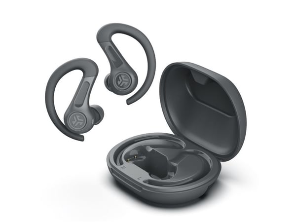 JLab JBuds Sport 4 - True wireless-hodetelefoner med mikrofon - i øret - over-øret-montering - Bluetooth - aktiv støydemping - grafitt