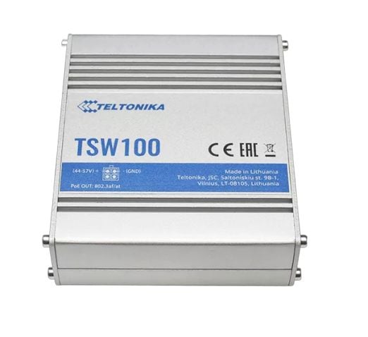 Teltonika TSW100 - Switch - ikke-styrt - 5 x 10/100/1000 (1 PoE) - stasjonær - PoE (120 W) - DC-strøm