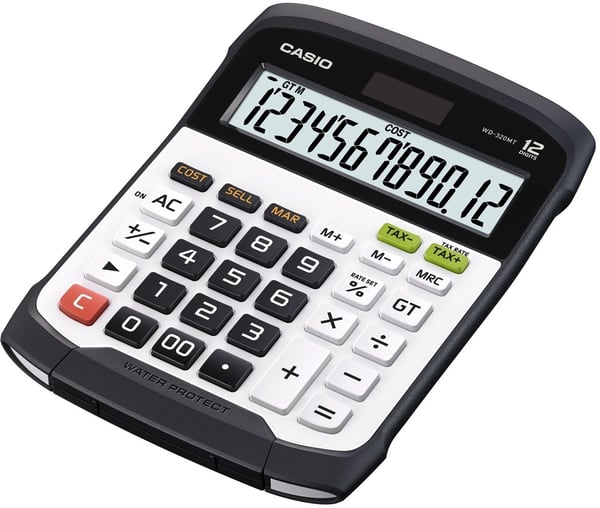 Casio WD-320MT, Työpöytä, Talouslaskin, 12 lukua, Näyttön kallistus, Akku/Aurinko, Musta, Valkoinen