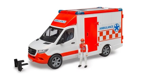 Bruder 02676 MB Sprinter -ambulanssi kuljettajalla, punavalkoinen