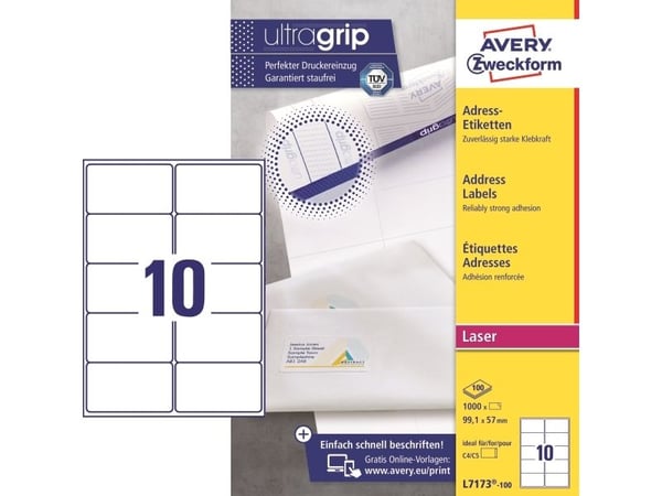 Laseretiket Avery L7173-100 99,1x57 mm hvid - (100 ark x 10 stk.)