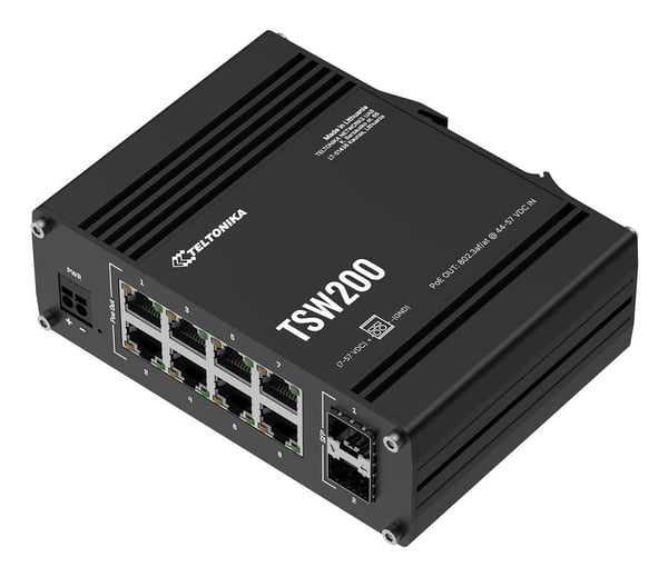 Teltonika TSW200 - Switch - ikke-styrt - 8 x 10/100/1000 + 2 x Gigabit SFP - DIN-skinnemonterbar, veggmonterbar - PoE+ - DC