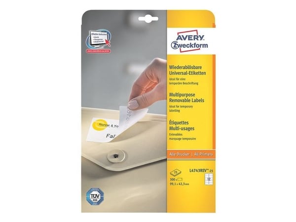 Avery - Fjernbart adhesiv - hvit - 99.1 x 42.3 mm 300 etikett(er) (25 ark x 12) merkelapper