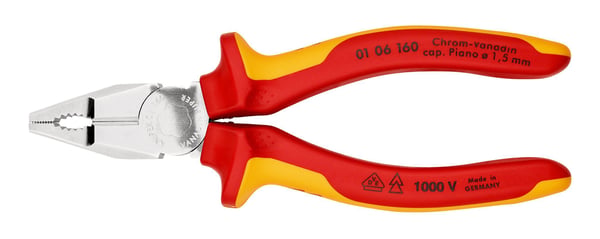 Knipex 01 06 160, Lineman-tång, Stötsäker, Dielektrisk, Kromvanadinstål, Plast, Orange, Röd, 55 mm