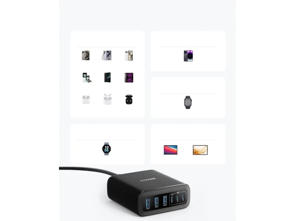 Anker A2154G11 6-portslader 112W GaN, 3 USB-C, 3 USB-A, svart