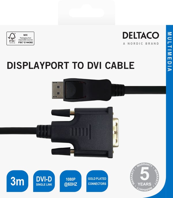 DELTACO - Adapterkabel - DisplayPort (hann) til DVI-D (hann) - 3 m - aktiv, støtte for 1920 x 1080 ved 60 Hz, up to 4.95 Gbps data transfer rate - ...
