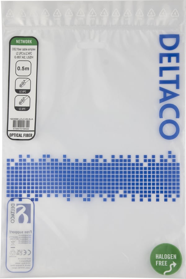 OS2 Fiberkabel, LC - LC, simplex, UPC/APC, 0,5m