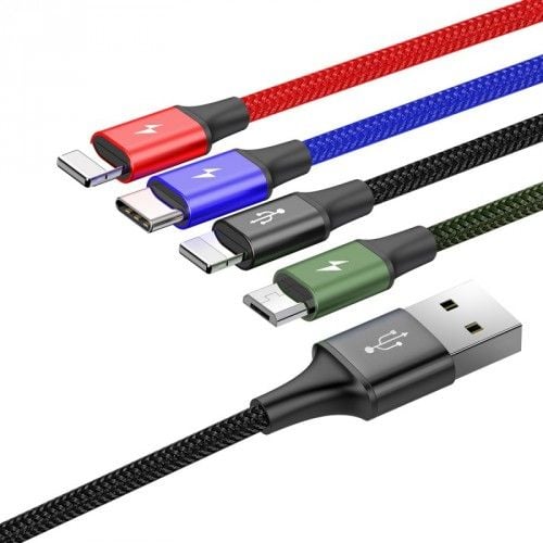 Baseus KB2L435A12BK, Sort, Blå, Grønn, Rød, USB A, 2 x Lightning + micro-USB B + USB C, 1,2 m, Hankjønn, Hankjønn