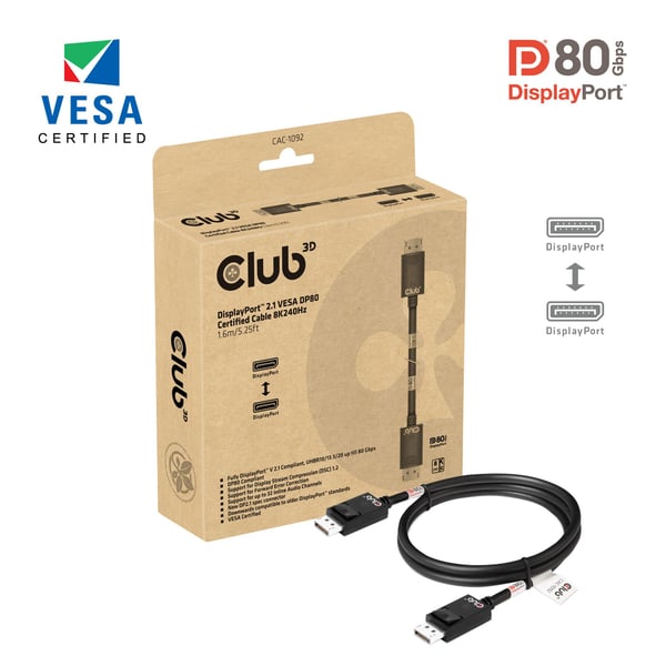 Club 3D - DisplayPort-kabel - DisplayPort (hann) låst til DisplayPort (hann) låst - DisplayPort 2.1 - 1.6 m - 8K 60Hz støtte, toretnings, 4K 240Hz ...