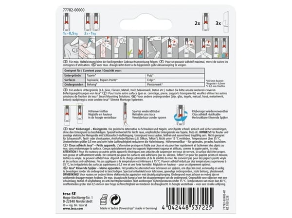 TESA 77782, inomhus, Verktygskrok, Röd, Vit, Självhäftande remsa, 0,5 kg, Gips