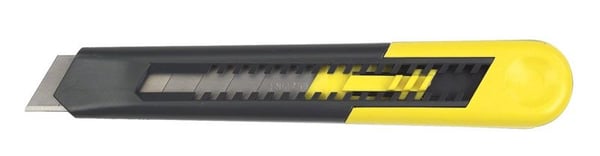 STANLEY® -veitsi 18 mm:n hammastetuilla terillä. Käytännöllinen ja nopea painonappi, jossa on useita asentoja. Terän napsahdus kahvassa lisää turva...
