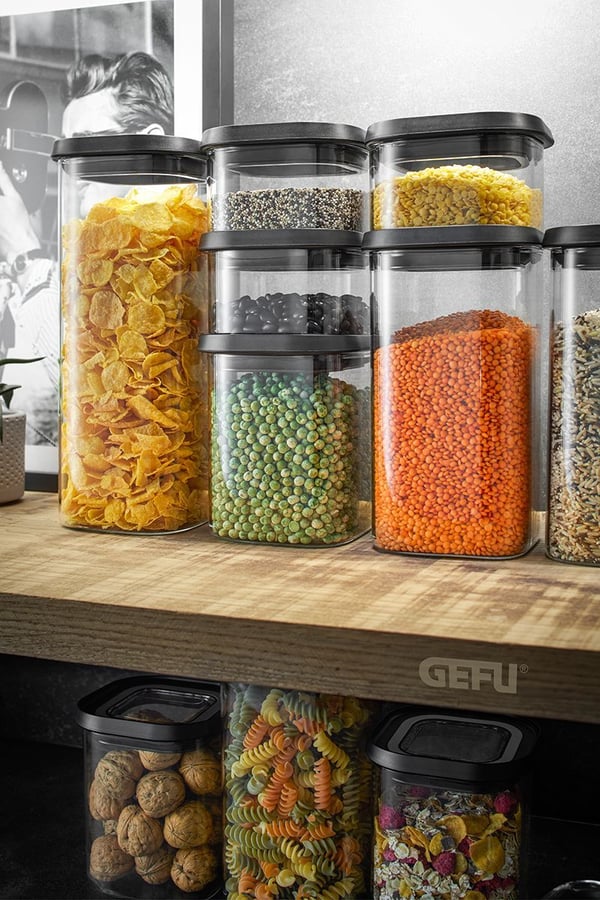 GEFU PANTRY, Container, Rektangulär, 0,4 l, Svart, Transparent, Borosilikatglas, Plast, Silikon, Rostfritt stål, 110 mm
