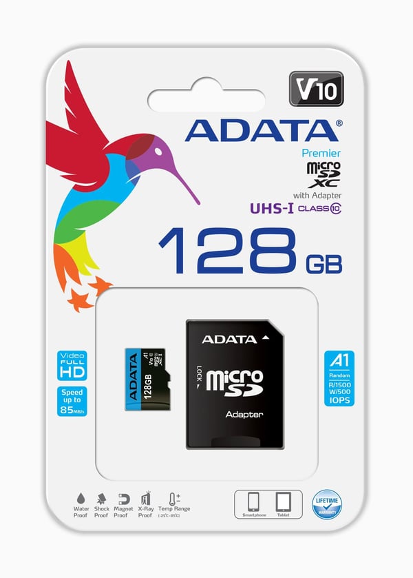 ADATA Premier - Flash-muistikortti (microSDXC-SD-sovitin sisältyy) - 128 GB - UHS Class 1 / Class10 - microSDXC UHS-I - vähittäismyyntipakkaus