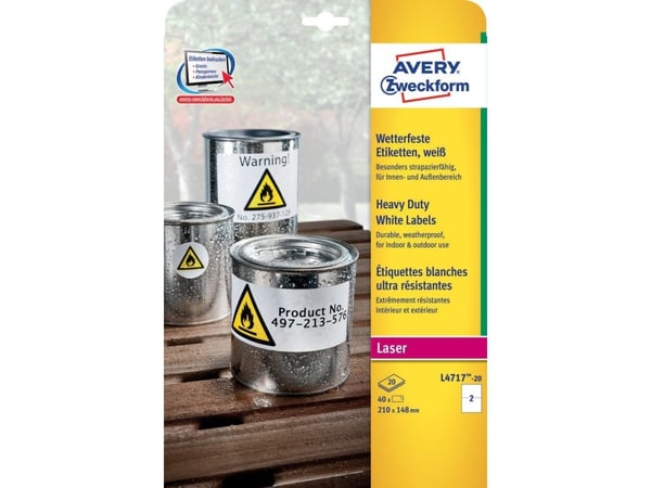 Avery Zweckform - Polyester, polyetylen tereftalat (PET) - matte - permanent klebemiddel - belagt - hvit - 210 x 148 mm 40 etikett(r) (20 ark x 2) ...