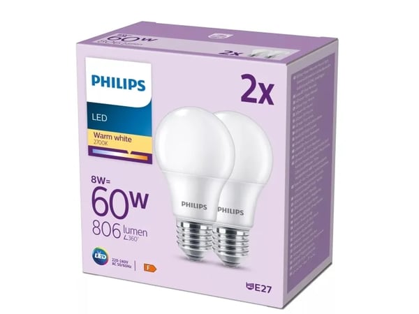 Philips LED - LED - glaserad finish - E27 - 8 W (motsvarande 60 W) - klass F - varmt vitt ljus - 2700 K (paket om 2)