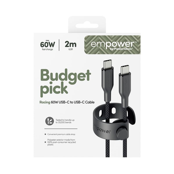 empower by PanzerGlass Racing 60W USB-C to USB-C Kabel | USB 2.0 | 2M | Weltall Schwarz