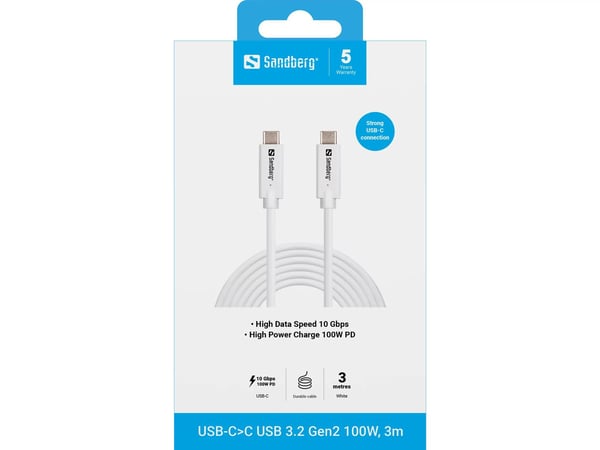 Sandberg 136-76, 5 m, USB C, USB C, USB 3.2 Gen 2 (3.1 Gen 2), 10 Gbit/sek, hvit