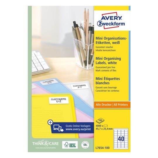 Adresseetiketter Avery 45,7x25,4 mm, hvit - (100 ark x 40 stk.)