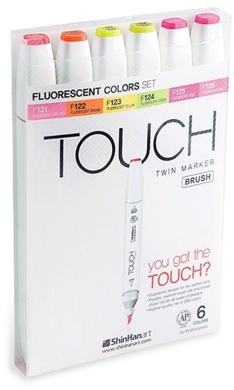 Touch Brush Marker 6stk Fluo farver, pensel + medium kantet spids - Perfekt til Cozy Coloring