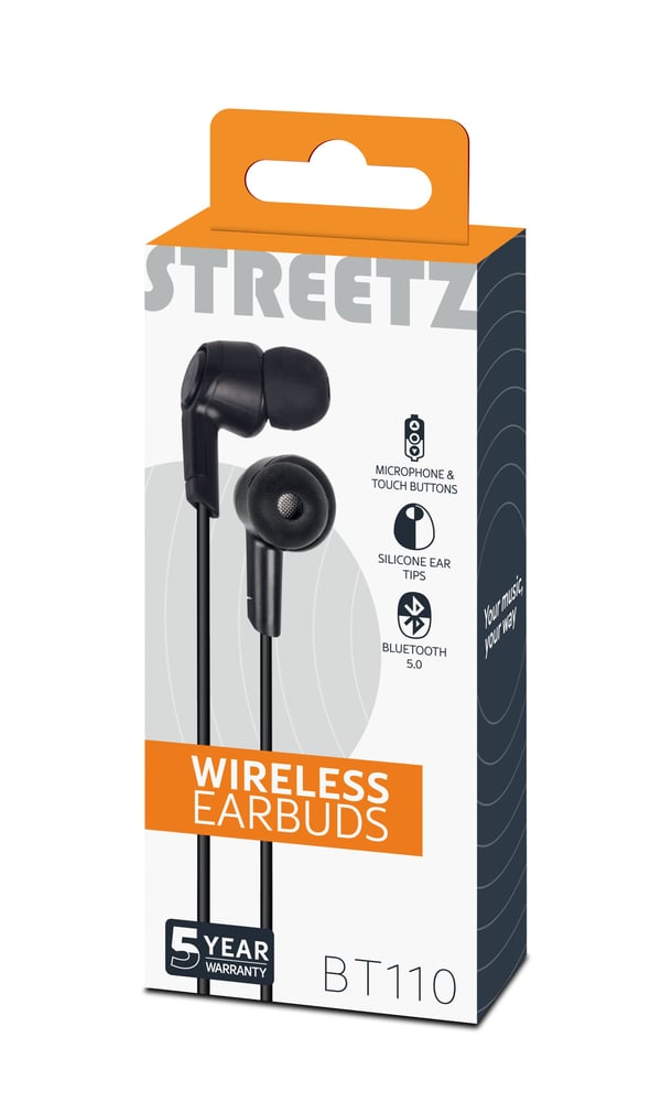 Streetz In-ear BT hörlurar med mikrofon och media/svarsknappar, svart, Trådlös, Samtal/musik, 20 - 20000 hz, 20 g, Headset, Svart