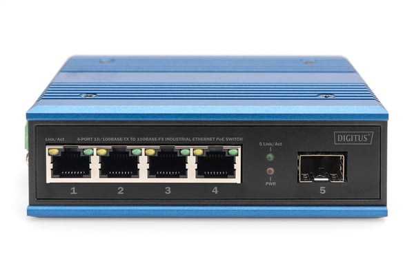 DIGITUS - Switch - industriell - ikke-styrt - 4 x 10/100 (PoE+) + 1 x Fast Ethernet SFP (uplink) - DIN-skinnemonterbar - PoE+