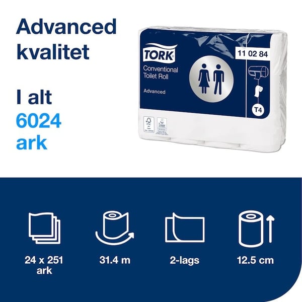 Toiletpapir Tork T4 Advanced 2-lags 34,7 m hvid - (24 ruller pr. karton)