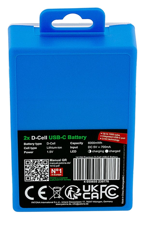 PATONA LR20 Mono D, Oppladbart batteri, LR20, Lithium, 2 stykker, 700 mAh, 61,3 mm