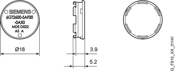 Siemens 6GT2600-5AF00-0AX0, 13.56 MHz, FRAM, 5,2 mm, 1,8 cm, 5,2 mm, 18 mm