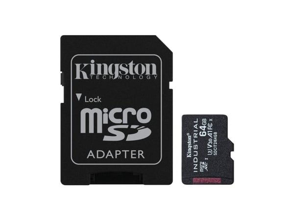 Kingston Industrial – Flash-muistikortti (mukana microSDXC–SD-sovitin) – 64 GB – A1 / Video Class V30 / UHS-I U3 / Class 10 – microSDXC UHS-I