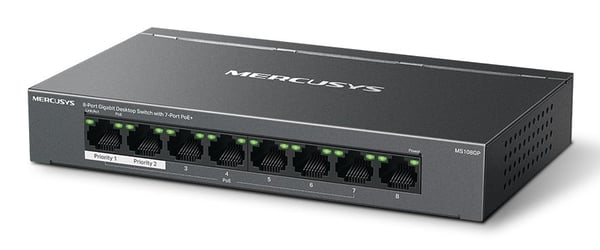 Mercusys MS108GP, Håndtert, Gigabit Ethernet (10/100/1000), Full tosidig, Strøm over Ethernet (PoE), Kan monteres på vegg