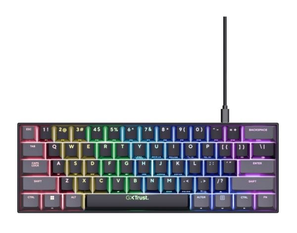 Trust GXT 867 ACIRA - Näppäimistö - mekaaninen - 60% - mini - taustavalaistu - USB - näppäinkytkin: Outemu Red - musta - pahvilaatikko