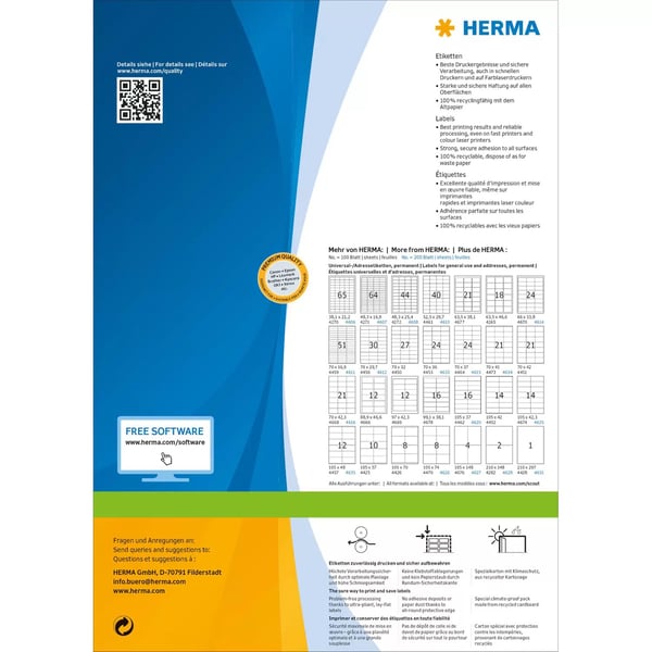 HERMA 4619, Valkoinen, Itse kiinnittyvä tulostintarra, A4, Paperi, Laser/Inkjet, Kiinteä
