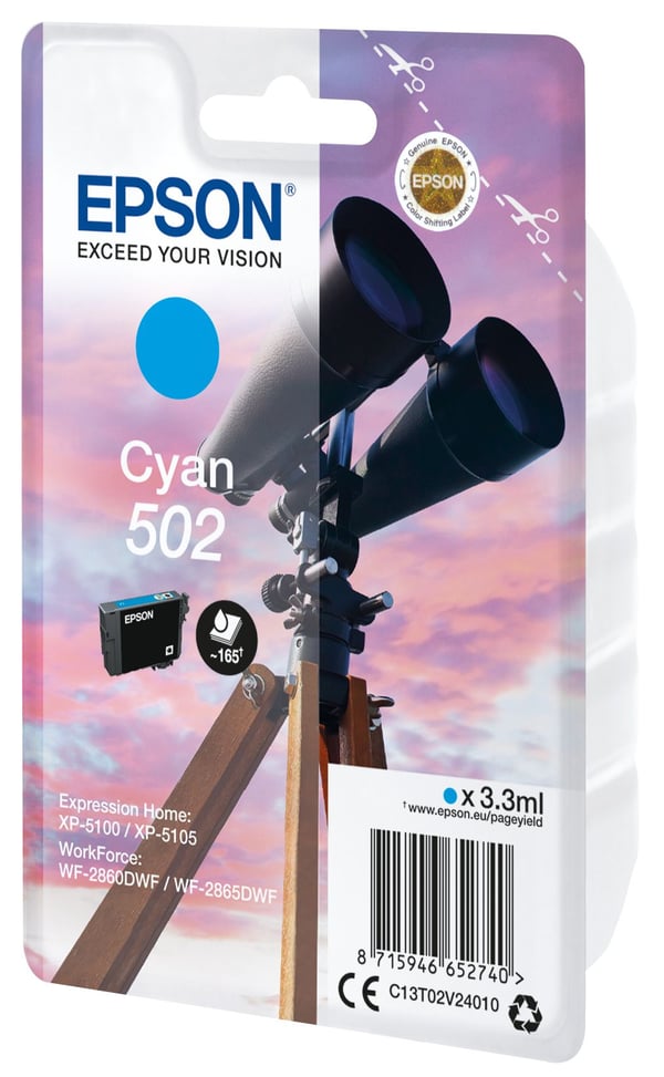 Epson Singlepack Cyan 502 Ink, Perusvärintuotto, Syaani, 3,3 ml, 1 kpl, 165 sivua, Kertapakkaus