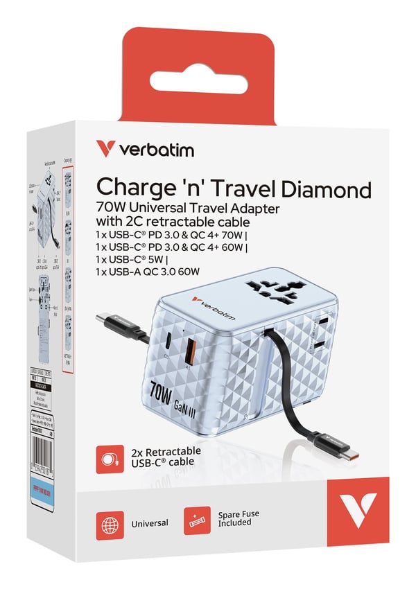 Verbatim EU/UK/USA matkasovitin GaN 1xUSB-C/1xUSB-A/2xUSB-C PD 70W sininen 30187