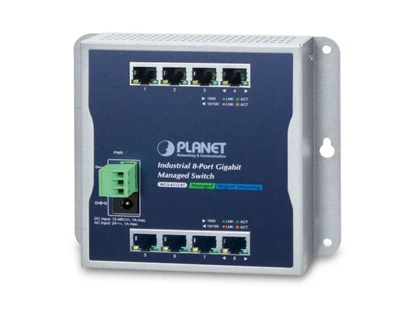 PLANET WGS-4215-8T - Switch - Styrt - 8 x 1000Base-T - DIN-skinnemonterbar, veggmonterbar - DC-strøm