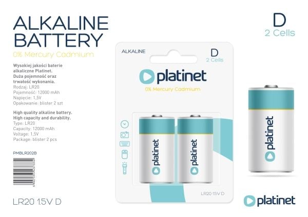 Platinet PMBLR202B, Engangsbatteri, LR20, Alkalinsk, 3 V, 2 stykker, 12000 mAh